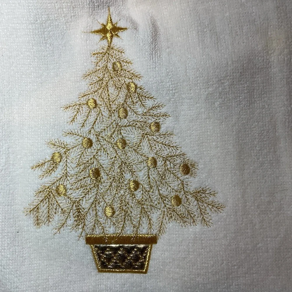 Marina Decoration Christmas Towel Set 3 Pc White Gold Tree Embroidered Cotton